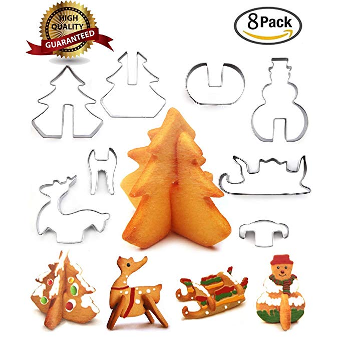 Christmas Stainless Steel 3D Cookie Cutters Set Cookies Molds – 8 piece- Christmas tree, Santa Claus, Sika deer, Skiing.