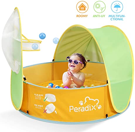 Peradix Paddling Pool for Kids & Pets, Kids Ball Pit Tent 3 in 1, Pop Up Wading Pool Tent with UV Protection Sunshade Canopy Basketball Hoop, Portable Beach Backyard Toys for Indoor Outdoor Activity