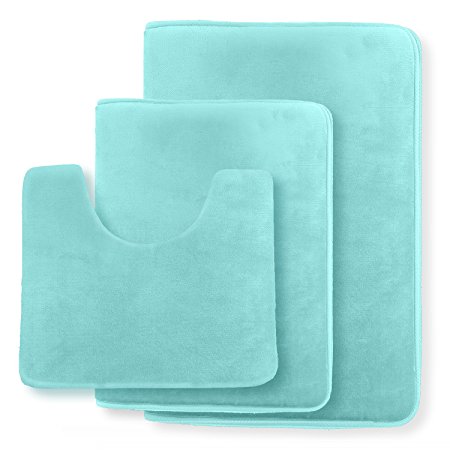 Clara Clark Non Slip Memory Foam Tub-Shower Bath Rug Set, Includes 1 Small Size 17 x 24 in. 1 Large Size 20 X 32 in. 1 Contour Rug 24 x 19 In. - Aqua Light Blue