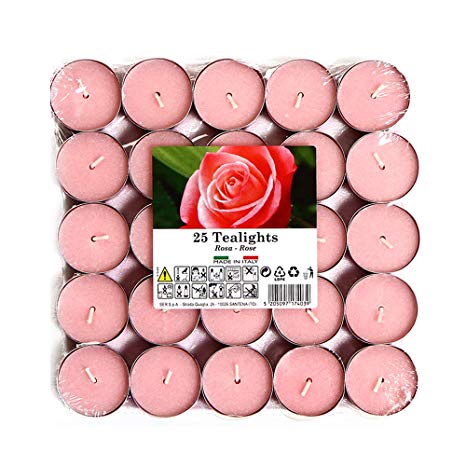 Cocod’or Scented Tealight Candles 25 Pack, Tea Rose, 5-8 Hour Extended Burn Time, Made in Italy