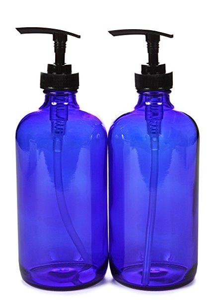 Vivaplex, 2, Large, 16 oz, Empty, Cobalt Blue Glass Bottles with Black Lotion Pumps