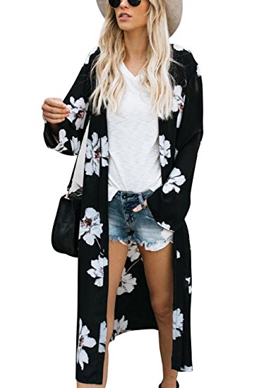 Yonala Women's Summer Floral Print Chiffon Beachwear Top Cover up Kimono Cardigan