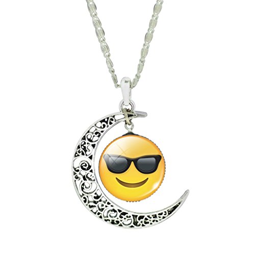 Jiayiqi Womens Funny Emoji Glass Cabochon Necklace Vintage Crescent Hollow Pendant Necklace