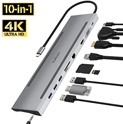 Omars USB C Docking Station Dual Monitor Type C Adapter Hub with PD Charging Port, 4K HDMI, VGA, Gigabit Ethernet Port, 3 x USB 3.0, 3.5mm Aux, TF/SD Card Reader for MacBook Pro and More USB-C Devices