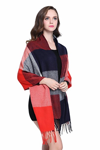 Buttons and Pleats Womens Plaid Blanket Scarf Cozy Shawl Scarfs for Winter