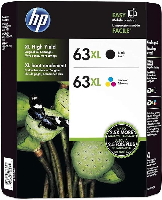 HP 63XL Black/Tri-Color Ink (2-Pack) | Works DeskJet 1112, 2130, 3630 Series Envy 4510, 4520 Series OfficeJet 3830, 4650, 5200 Series | Eligible for Instant Ink | L0R46AN