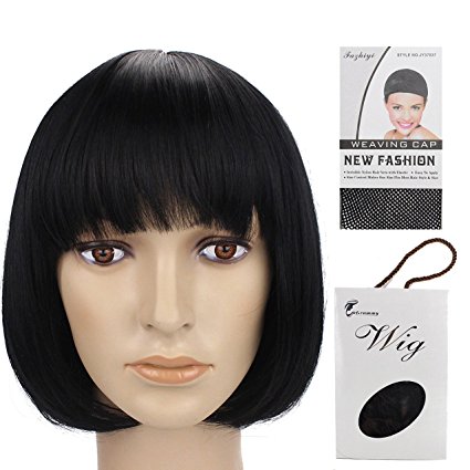 Grammy 11" 150g Straight Flat Bang Bob Black Short Synthetic Cosplay Hair Wig for Women Natural As Real