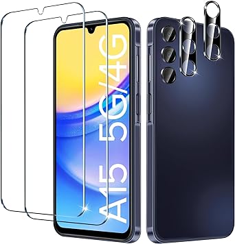 ivoler [4 in 1 Screen Protector for Samsung Galaxy A15 4G / 5G, 2 pack Tempered Glass Film and 2 pack Camera Lens Protectors with an Installation Alignment Aid, Bubble-Free, HD Clear