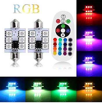JAVR- Pack of 2-41mm (1.61") Festoon LED Bulb RGB with Remote Control, 16 Colors Change LED Car Interior Light Dome Map Courtesy Lamps License Plate Lights 569 578 211-2 212-2