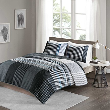 Comfort Spaces - Benjamin Mini Quilt Set - 2 Piece - Black/White - Stylish Ultra Soft Cozy Warm Microfiber Plaid Twin/Twin XL Size, Includes 1 Coverlet and 1 Sham