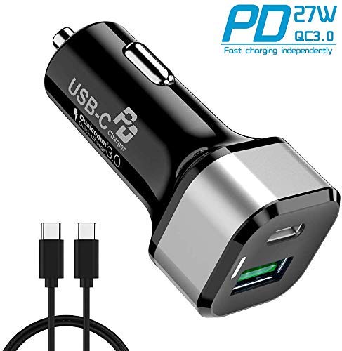 45W USB C Car Charger, Quntis Dual-Port Type C Car Charger (27W Power Delivery   18W QC 3.0 USB A Port   2.6ft C to C Cable), Quick Charge for iPhone 11 Xs Max XR 8, iPad Pro, Samsung, Pixel