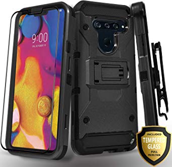 LG V50 ThinQ Case, LG V50 Case, with [Tempered Glass Screen Protector], Full Cover Heavy Duty Dual Layers Phone Cover with Kickstand and Locking Belt Clip-Black
