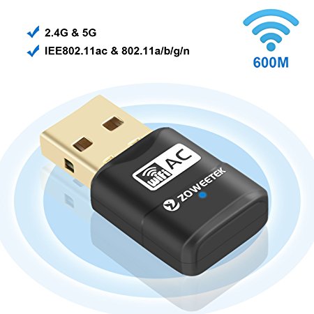 Zoweetek 600Mbps WiFi USB Adapter, 802.11ac Wireless Network Dongle with Dual Band 2.4GHz (150Mbps) /5GHz (433Mbps) for Windows, Mac OS 10.6-10.13 and Linux