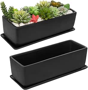 MyGift 14-Inch Rectangular Modern Black Ceramic Succulent Planter Pot with Drainage Hole and Removable Saucer Tray, Long Planters for Indoor Plants, Set of 2