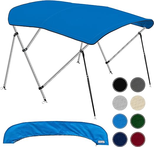 NEH 3 Bow Bimini Tops for Boats, Support Poles, Fade Proof Marine 900D Canvas, Storage Boot, Universal Boat Cover for Pontoon, V-Hull, Fishing, Jon Boat, Sun Shade Boat Canopy, 61-66"W, (Pacific Blue)