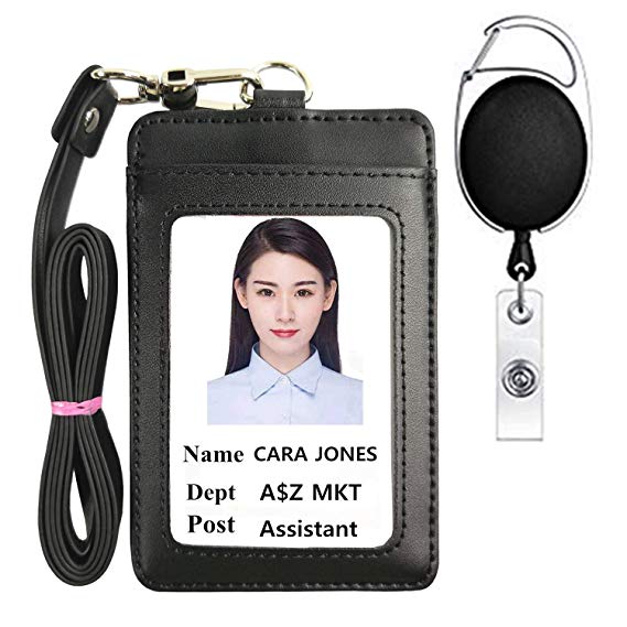 Lucstar Professional ID Badge Holder with Lanyard Necklace Vertical, Genuine Leather Heavy Duty, 2 Back Slots 1 Front Clear Window Coach Name Holder for Women Men Work Student ID, Nurse Company