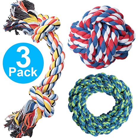 DELOMO Dog Rope Toy, Dog Chew Toys, Rope Tug Toy with 100% Natural Cotton, 3 Pack Dog Toys Set for Medium & Large Dogs