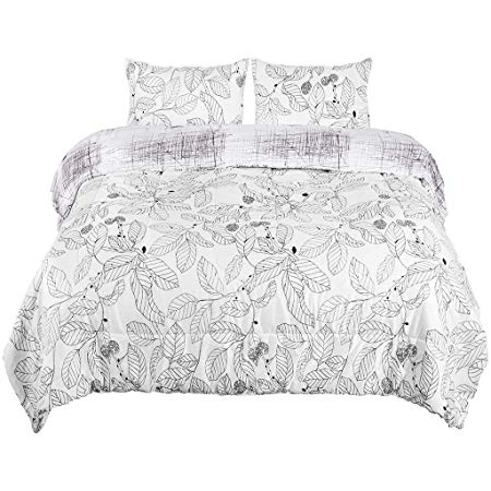 LANGRIA Comforter Set with Leaf and Sketch Print Reversible Design, Ultra Soft and Lightweight Down Alternative Fill All-Season Machine Washable Bedding with 2 Pillow Case (Queen Size)