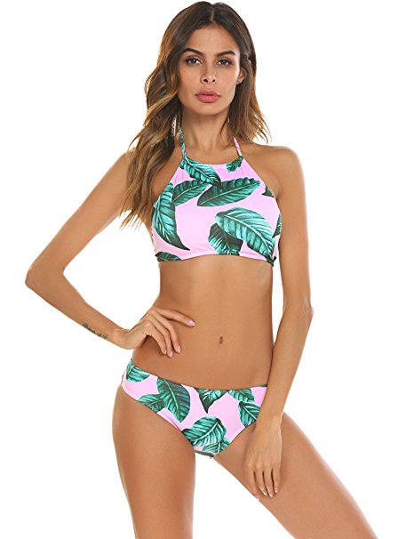 Naggoo Women's Sexy Halter Leaves Print 2 Piece Swimsuit Padding Bikini Set