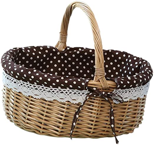 DOITOOL Wicker Picnic Baskets with Handles, Hand Woven Picnic Bag, Gift Wedding Baskets, Oval Willow Basket, Linen Inner Basket for Men Women Student