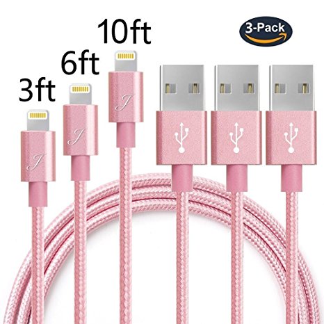 LDDJ Lightning Cable iPhone Charger 3PACK 3FT/6FT/10FT Extra Long Nylon Braided iPhone Charging Cables USB Charger Cord for iPhoneX/8/8Plus/7/7 Plus/6s/6s Plus/6/6 Plus/5/5s/iPad/iPod (Rose-Gold/Pink)