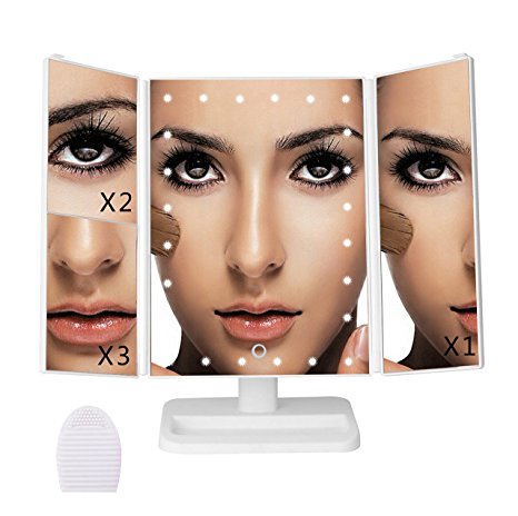 24 LED lighted Makeup Mirror with Upgraded Touch Screen, 1x/2x/3x Magnification Trifold Vanity Mirror, USB Charging 180°Free Rotation Table Countertop Cosmetic Mirror