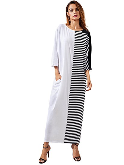 Romwe Women's Stripe Casual Loose Pocket Short Sleeve Long Maxi Dress