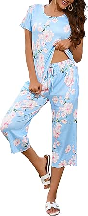 Ekouaer Capri Pajamas for Women Soft Pjs Set Short Sleeve Tee Top Loungewear Soft 2 Piece Sleepwear