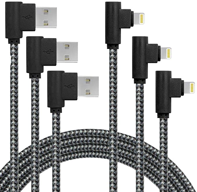 90 Degree Right Angle iPhone Charger Cable MFI Certified Lightning Cable 3Pack 6FT Certified Nylon Braided USB Cord iPhone 12/11/Pro/Max/X/XS/XR/XS/8/7/Plus/6/6S/SE-BlackGrey