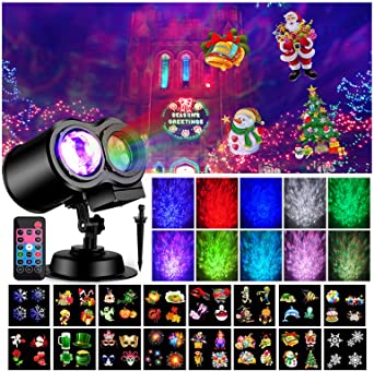 Halloween Christmas Projector Lights Outdoor Indoor, Jane Choi Waterproof LED Projection Light, 16 Pattern Slides 10 Colors Ocean Wave 2-in-1 Remote Control for Halloween Xmas Decorations and Gift