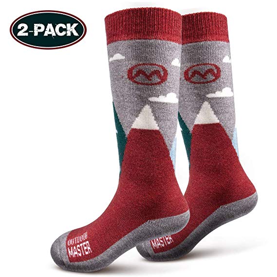 OutdoorMaster Kids Ski Socks - Merino Wool Breathable Blend, Over The Calf (OTC) with Non-Slip Cuff, Sizes 7-11.5 - 12-4 - for Boys and Girls (1 Pair or 2 Pair)