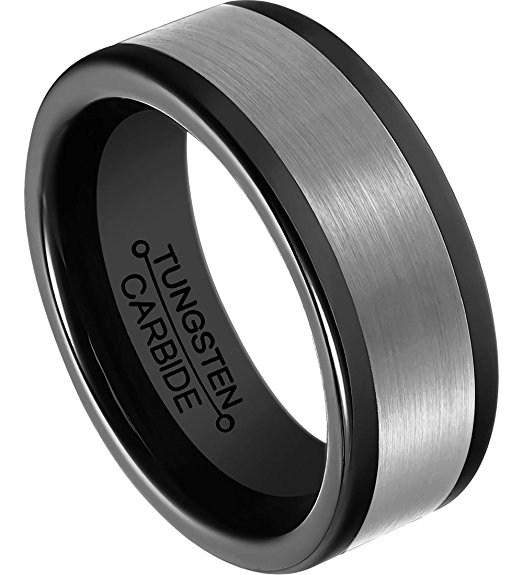 HSG Tungsten Rings for Men 8mm Black Carbide Brushed Beveled Edge Polished Comfort Fit Wedding Band