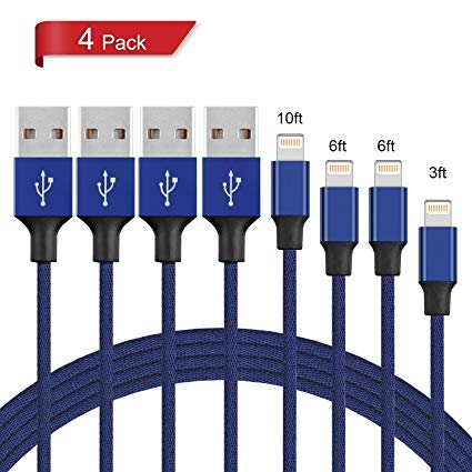 JCHOPE Charger Cable 4Pack 3FT 6FT 6FT 10FT to USB Charging Cable Data Nylon Braided Cord Charger Suitable Compatible Phone Charger X 8Plus 8 7 Plus 7 6s Plus 6 (Blue)