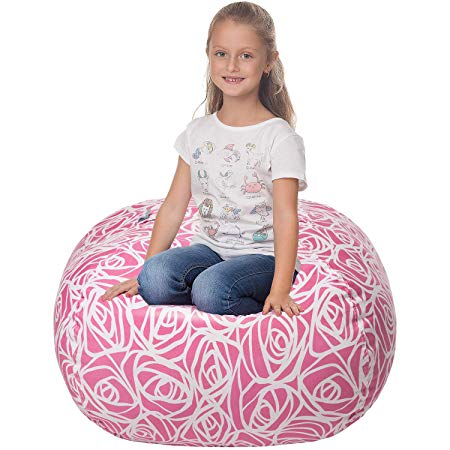 5 STARS UNITED Stuffed Animal Storage Bean Bag - Cover Only - Large Beanbag Chairs for Kids - 90+ Plush Toys Holder and Organizer for Girls - 100% Cotton Canvas Cover - Pink Roses