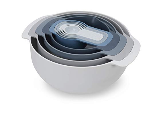 Joseph Joseph 40101 9 Nesting Set with Mixing Bowls Measuring Cups Sieve Colander, 9-Piece, Sky