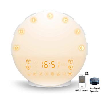 COULAX Smart Alarm Clock,COULAX Wake Up Light Sunrise Alarm Clock with Alexa Voice Control,Android iOS App Control,Four Alarm Clocks,20 Brightness Levels, 6 Nature Sounds, FM Radio,Snooze Function,Bedside Lamp with Colored Sunrise Simulation and Sunset Fading Night Light