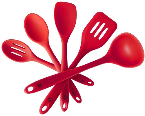 StarPack Premium Silicone Kitchen Utensil Set 5 Piece in Hygienic Solid Coating - Bonus 101 Cooking Tips Cherry Red