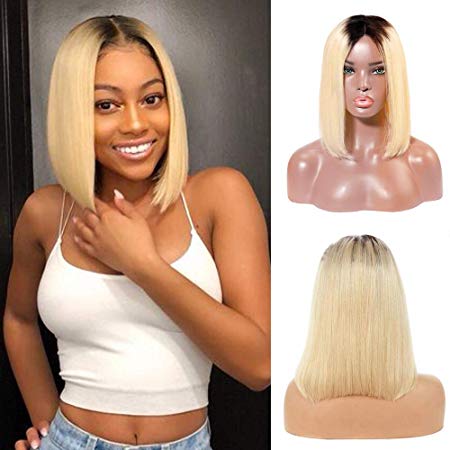 Ombre Blonde Human Hair Lace Front Bob Wig 13x6 Swiss Lace Free Part Bob Wigs Glueless 180 Density Natural Hairline T1B613 Lace Bob Wig 10 Inch