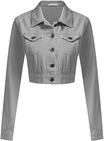 Grabsa Women’s Button Down Long Sleeve Cropped Denim Jean Jacket with Pockets