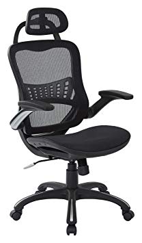 Office Star  Breathable Mesh Seat and Back, 2-to-1 Synchro Tilt Control, Padded Flip Arms, Silver Base and Accents Managers Chair with Headrest, Black.