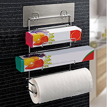 Kurelle No Drill, No Screws Kitchen Paper Roll Holder Self Adhesive, 3 in 1 Wall Mounted Storage Rack, Catering Aluminium Foil, Cling Film Wrap, Wax Paper Stand, Tissue Roll Dispenser