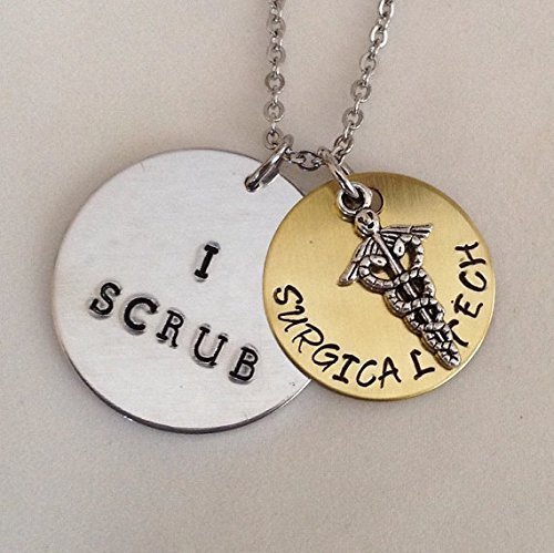 Surgical technician necklace/keyring - I scrub - surgical assistants - scrub tech - handstamped - personalized