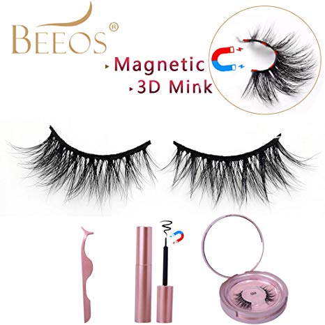 BEEOS 3D Mink Magnetic Eyelashes with Eyeliner Kit, 5 Magnets False Lashes and Liquid Magnetic Eyeliner Sit with Mirror and Tweezers, No Glue Reusable Magnetic Eye Lashes Natural Look (G02)