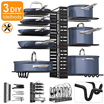 Pot Rack Organizers, G-TING 8  Pan Rack Pot Lid Holders, Adjustable Heavy duty Pots & Pans Organizer for Kitchen Countertop and Cabinet, Pots and Pans Lid Organizer With 3 DIY Methods(Newest Upgrade)