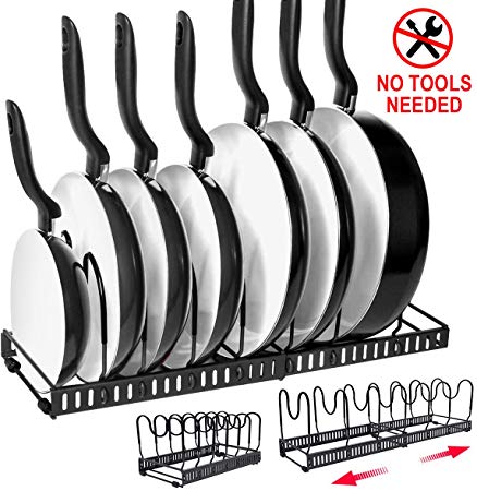 Expandable Pan Rack Organizer, G-TING 7  Adjustable Pot Lid Holders & Bakeware Rack, Kitchen Cookware Pantry Cabinet Storage Rack with 7 Expandable and Adjustable Compartments (Up to 23”)