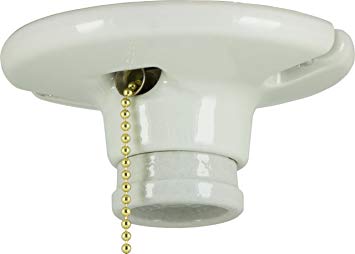 GE Medium Base Porcelain Lampholder, Pull Chain, Mount on 3-1/4” or 4” Box, UL Listed, White, 18303