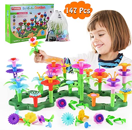 Flanney Flower Garden Building Toys, 147Pcs Vibrant Colors DIY Floral Bouquet Arrangement, Assembly Garden Playset, Creative Educational Toy Gift for 3, 4, 5, 6 Year Old Girl (with Storage Bag)