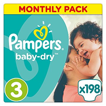 Pampers Baby-Dry 198 Nappies with 3 Absorbing Channels, 5 - 9 kg, Size 3