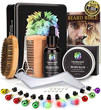 Lionbeard Metal Box Beard Kit for Men Beard Care Growth Grooming & Trimming - Beard Oil Conditioner, Beard Glitter Lights, Christmas Ornaments, Balm Wax, Brush, Comb, Scissors, Xmas Gifts for Him Dad