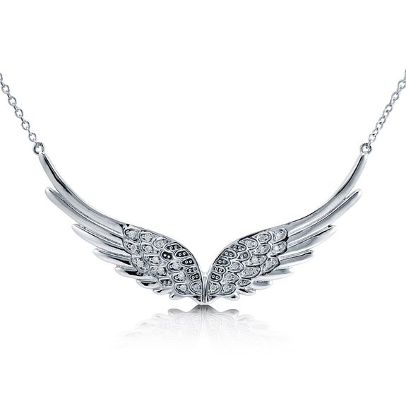BERRICLE Sterling Silver Cubic Zirconia CZ Angel Wings Statement Pendant Necklace 14.5" 2" Extender